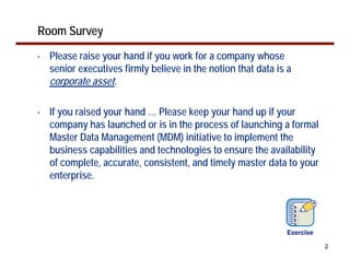 Room Survey
•   Please raise your hand if you work for a company whose
    senior executives firmly believe in the notion that data is a
    corporate asset.

•   If you raised your hand … Please keep your hand up if your
    company has launched or is in the process of launching a formal
    Master Data Management (MDM) initiative to implement the
    business capabilities and technologies to ensure the availability
    of complete, accurate, consistent, and timely master data to your
    enterprise.




                                                                        2
 