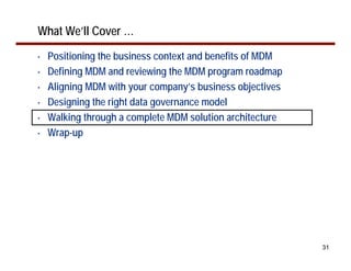 What We’ll Cover …
•   Positioning the business context and benefits of MDM
•   Defining MDM and reviewing the MDM program roadmap
•   Aligning MDM with your company’s business objectives
•   Designing the right data governance model
•   Walking through a complete MDM solution architecture
•   Wrap-up




                                                           31
 