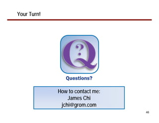 Your Turn!




             How to contact me:
                 James Chi
              jchi@grom.com
                                  46
 