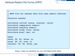 Prof. Pier Luca Lanzi	

Attribute-Relation File Format (ARFF)
	

45	

%
% ARFF file for weather data with some numeric features
%
@relation weather
@attribute outlook {sunny, overcast, rainy}
@attribute temperature numeric
@attribute humidity numeric
@attribute windy {true, false}
@attribute play? {yes, no}
@data
sunny, 85, 85, false, no
sunny, 80, 90, true, no
overcast, 83, 86, false, yes
...
http://www.cs.waikato.ac.nz/~ml/weka/arff.html!
 