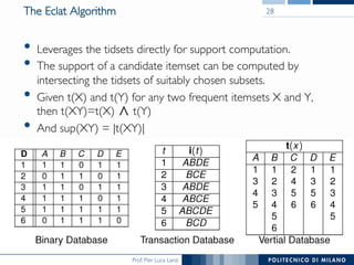 Prof. Pier Luca Lanzi
The Eclat Algorithm
•  Leverages the tidsets directly for support computation.
•  The support of a candidate itemset can be computed by
intersecting the tidsets of suitably chosen subsets.
•  Given t(X) and t(Y) for any two frequent itemsets X and Y, !
then t(XY)=t(X) t(Y)
•  And sup(XY) = |t(XY)|
28
 