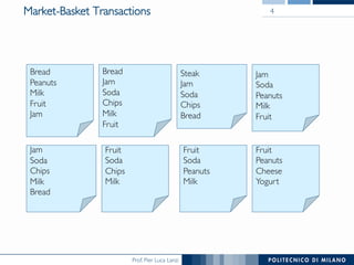 Prof. Pier Luca Lanzi
Market-Basket Transactions!
Bread
Peanuts
Milk
Fruit
Jam
Bread
Jam
Soda
Chips
Milk
Fruit
Steak
Jam
Soda
Chips
Bread
Jam
Soda
Chips
Milk
Bread
Fruit
Soda
Chips
Milk
Jam
Soda
Peanuts
Milk
Fruit
Fruit
Soda
Peanuts
Milk
Fruit
Peanuts
Cheese
Yogurt
4
 