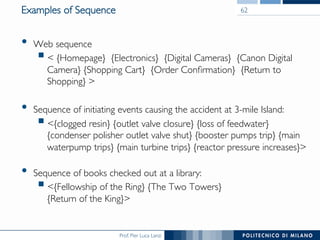 Prof. Pier Luca Lanzi
Examples of Sequence
•  Web sequence
! < {Homepage} {Electronics} {Digital Cameras} {Canon Digital
Camera} {Shopping Cart} {Order Conﬁrmation} {Return to
Shopping} >
•  Sequence of initiating events causing the accident at 3-mile Island:
! <{clogged resin} {outlet valve closure} {loss of feedwater}
{condenser polisher outlet valve shut} {booster pumps trip} {main
waterpump trips} {main turbine trips} {reactor pressure increases}>!
•  Sequence of books checked out at a library:
! <{Fellowship of the Ring} {The Two Towers} !
{Return of the King}>
62
 
