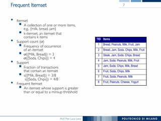 Prof. Pier Luca Lanzi
Frequent Itemset
•  Itemset
!  A collection of one or more items,
e.g., {milk, bread, jam}
!  k-itemset, an itemset that !
contains k items
•  Support count (σ)
!  Frequency of occurrence !
of an itemset
!  σ({Milk, Bread}) = 3 !
σ({Soda, Chips}) = 4
•  Support
!  Fraction of transactions !
that contain an itemset
!  s({Milk, Bread}) = 3/8!
s({Soda, Chips}) = 4/8
•  Frequent Itemset
!  An itemset whose support is greater
than or equal to a minsup threshold
TID Items
1 Bread, Peanuts, Milk, Fruit, Jam
2 Bread, Jam, Soda, Chips, Milk, Fruit
3 Steak, Jam, Soda, Chips, Bread
4 Jam, Soda, Peanuts, Milk, Fruit
5 Jam, Soda, Chips, Milk, Bread
6 Fruit, Soda, Chips, Milk
7 Fruit, Soda, Peanuts, Milk
8 Fruit, Peanuts, Cheese, Yogurt
7
 