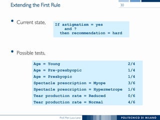Prof. Pier Luca Lanzi
Extending the First Rule
•  Current state,
•  Possible tests,
30
4/6Tear production rate = Normal
0/6Tear production rate = Reduced
1/6Spectacle prescription = Hypermetrope
3/6Spectacle prescription = Myope
1/4Age = Presbyopic
1/4Age = Pre-presbyopic
2/4Age = Young
If astigmatism = yes
and ?
then recommendation = hard
 