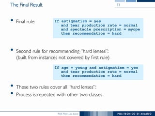 Prof. Pier Luca Lanzi
The Final Result
•  Final rule:
•  Second rule for recommending “hard lenses”:
(built from instances not covered by ﬁrst rule)
•  These two rules cover all “hard lenses”:
•  Process is repeated with other two classes
33
If astigmatism = yes
and tear production rate = normal
and spectacle prescription = myope
then recommendation = hard
If age = young and astigmatism = yes
and tear production rate = normal
then recommendation = hard
 