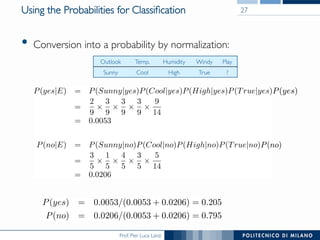 Prof. Pier Luca Lanzi
Using the Probabilities for Classiﬁcation
•  Conversion into a probability by normalization:
27
Outlook Temp. Humidity Windy Play
Sunny Cool High True ?
 
