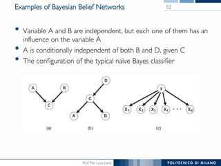 Prof. Pier Luca Lanzi
•  Variable A and B are independent, but each one of them has an
inﬂuence on the variable A
•  A is conditionally independent of both B and D, given C
•  The conﬁguration of the typical naïve Bayes classiﬁer
Examples of Bayesian Belief Networks 52
 