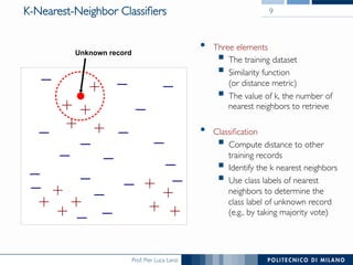 Prof. Pier Luca Lanzi
K-Nearest-Neighbor Classiﬁers
•  Three elements
§ The training dataset
§ Similarity function 
(or distance metric)
§ The value of k, the number of
nearest neighbors to retrieve
•  Classiﬁcation
§ Compute distance to other
training records
§ Identify the k nearest neighbors
§ Use class labels of nearest
neighbors to determine the
class label of unknown record
(e.g., by taking majority vote)
9
Unknown record
 