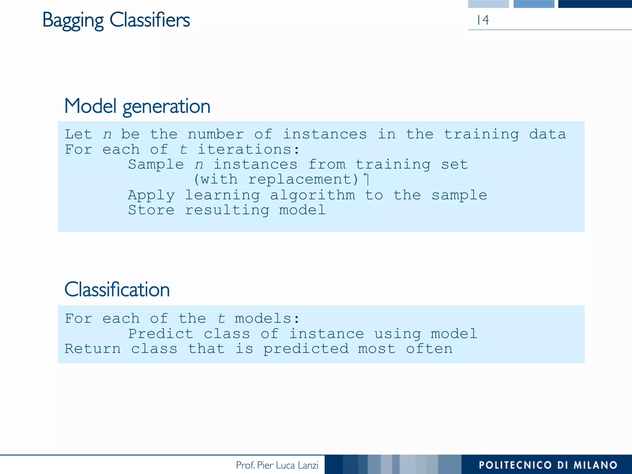 Prof. Pier Luca Lanzi
Bagging Classiﬁers 14
Let n be the number of instances in the training data
For each of t iterations:
Sample n instances from training set
(with replacement)‫‏‬
Apply learning algorithm to the sample
Store resulting model
For each of the t models:
Predict class of instance using model
Return class that is predicted most often
Model generation
Classiﬁcation
 