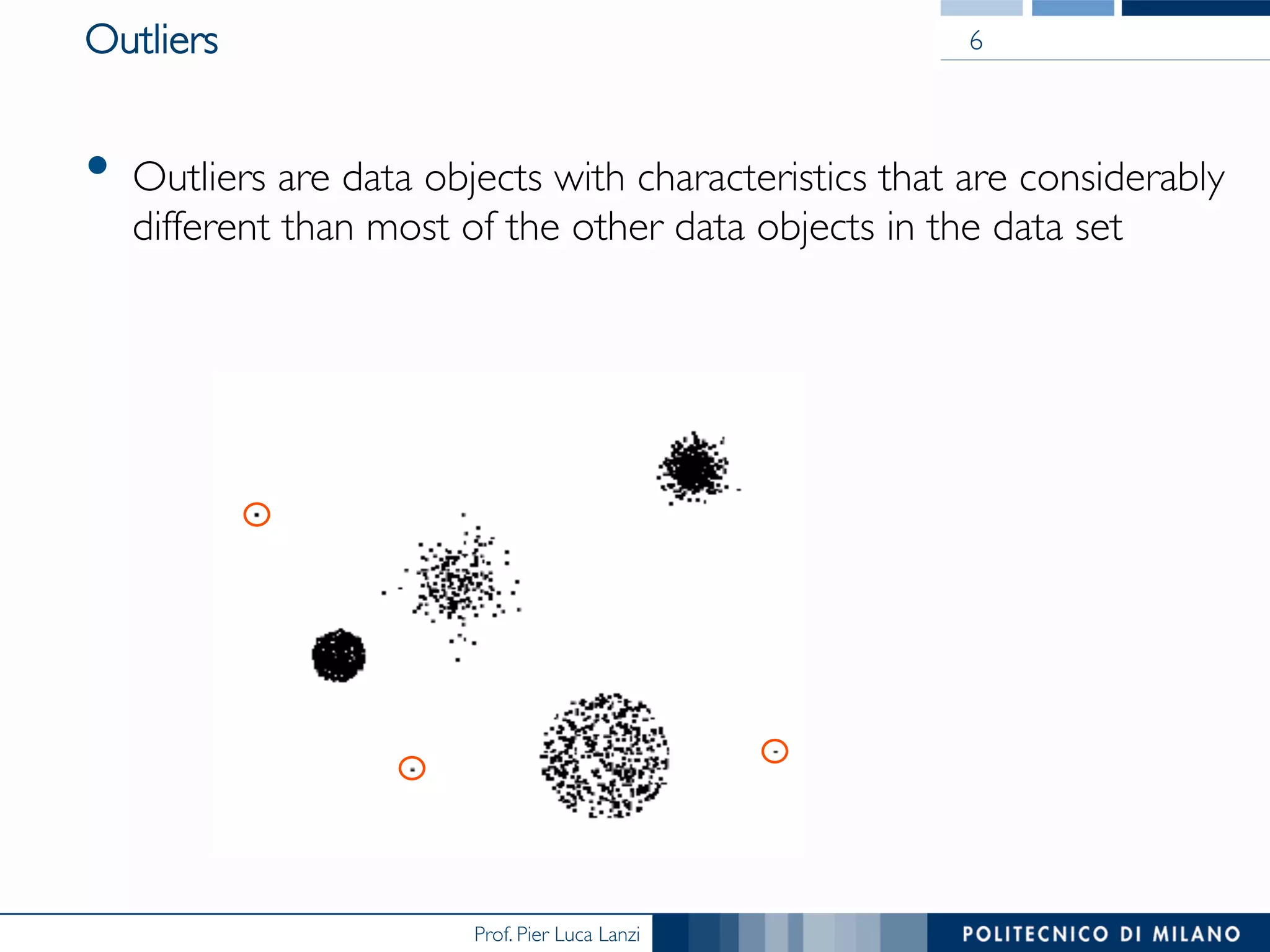 Prof. Pier Luca Lanzi
Outliers
•  Outliers are data objects with characteristics that are considerably
different than most of the other data objects in the data set
6
 