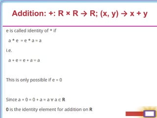 Addition: +: R × R → R; (x, y) → x + y
 