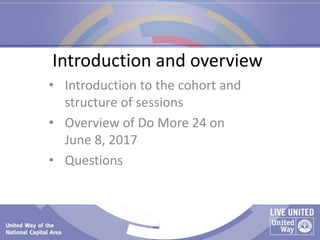 • Introduction to the cohort and
structure of sessions
• Overview of Do More 24 on
June 8, 2017
• Questions
Introduction a...
