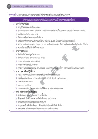 10 แนวทางเวชปฏิบัติสVำหรับโรคเบาหวาน พ.ศ. 2557 
ตารางที่ 4. การประเมินทางคลินิกและสิ่งพึงปฏิบัติเมื่อแรกวินิจฉัยโรคเบาหวาน 
การประเมินทาง คลินิกสĞำหรับผู้เป็นโรคเบาหวานเมื่อได้รับการวินิจฉัยครั้งแรก 
❍ ประวัติการเจ็บป่วย 
✧ อายุที่เริ่มตรวจพบว่าเป็นเบาหวาน 
✧ อาการเมื่อแรกตรวจพบว่าเป็นเบาหวาน (ไม่มีอาการหรือมีหิวนĞ้ำบ่อย ปัสสาวะบ่อย นĞ้ำหนักลด เป็นต้น) 
✧ อุปนิสัยการรับประทานอาหาร 
✧ กิจกรรมเคลื่อนไหว การออกกĞำลังกาย 
✧ ประวัติการรักษาที่ผ่านมา ยาที่เคยได้รับ หรือกĞำลังรับอยู่ โดยเฉพาะยากลุ่มสเตียรอยด์ 
✧ อาการของโรคแทรกซ้อนจากเบาหวาน เช่น ตามัว ชาปลายเท้า ปัสสาวะเป็นฟอง เดินแล้วปวดน่อง เป็นต้น 
✧ ความรู้ความเข้าใจเกี่ยวกับโรคเบาหวาน 
d r a f t 
❍ การตรวจร่างกาย 
✧ ชั่งนĞ้ำหนัก วัดส่วนสูง วัดรอบเอว 
✧ วัดความดันโลหิต อัตราการเต้นของหัวใจ 
✧ การตรวจร่างกายตามระบบต่างๆ 
✧ การตรวจตาและจอประสาทตา 
✧ การตรวจเท้า ตรวจดูผิวหนัง ตาปลา แผล ประสาทรับความรู้สึกที่เท้า คลĞำชีพจรที่หลังเท้าและข้อเท้า 
❍ การตรวจทางห้องปฏิบัติการ 
✧ HbA1c เพื่อประเมินผลการควบคุมระดับนĞ้ำตาลในระยะที่ผ่านมา 
✧ Lipid profiles (total choleseterol, HDL-cholesterol, triglycerides) 
✧ Liver function tests 
✧ serum creatinine 
✧ urine exam ถ้าไม่พบ proteinuria ให้ส่งตรวจ microalbuminuria 
❍ การส่งต่อพบแพทย์ ผู้เชี่ยวชาญ 
✧ นักโภชนากร เพื่อกĞำหนดอาหาร ลดนĞ้ำหนัก 
✧ จักษุแพทย์ เมื่อตรวจพบความผิดปกติของตา จอประสาทตา 
✧ อายุแพทย์โรคไต เมื่อตรวจพบว่าไตผิดปกติ 
✧ อายุรแพทย์โรคหัวใจ เมื่อพบว่ามีความผิดปกติของคลื่นไฟฟ้าหัวใจ 
✧ ทันตแพทย์ เมื่อตรวจพบว่ามีความผิดปกติของเหงือกและฟัน 
 