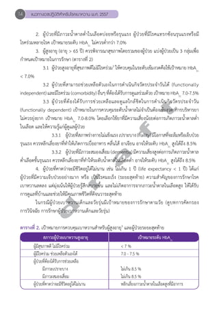14 แนวทางเวชปฏิบัติสVำหรับโรคเบาหวาน พ.ศ. 2557 
2. ผู้ป่วยที่มีภาวะน้Ğำตาลต่Ğำในเลือดบ่อยหรือรุนแรง ผู้ป่วยที่มีโรคแทรกซ้อนรุนแรงหรือมี 
โรคร่วมหลายโรค เป้าหมายระดับ HbA1c ไม่ควรตĞ่ำกว่า 7.0% 
3. ผู้สูงอายุ (อายุ > 65 ปี) ควรพิจารณาสุขภาพโดยรวมของผู้ป่วย แบ่งผู้ป่วยเป็น 3 กลุ่มเพื่อ 
กĞำหนดเป้าหมายในการรักษา (ตารางที่ 2) 
3.1 ผู้ป่วยสูงอายุที่สุขภาพดีไม่มีโรคร่วม3 ให้ควบคุมในระดับเข้มงวดคือใช้เป้าหมาย HbA1c 
d r a f t 
< 7.0% 
3.2 ผู้ป่วยที่สามารถช่วยเหลือตัวเองในการดĞำเนินกิจวัตรประจĞำวันได้ (functionally 
independent) และมีโรคร่วม (comorbidity) อื่นๆ ที่ต้องได้รับการดูแลร่วมด้วย เป้าหมาย HbA1c 7.0-7.5% 
3.3 ผู้ป่วยที่ต้องได้รับการช่วยเหลือและดูแลใกล้ชิดในการดĞำเนินกิจวัตรประจĞำวัน 
(functionally dependent) เป้าหมายในการควบคุมระดับนĞ้ำตาลไม่จĞำเป็นต้องเข้มงวด การบริหารยา 
ไม่ควรยุ่งยาก เป้าหมาย HbA1c 7.0-8.0% โดยเลือกใช้ยาที่มีความเสี่ยงน้อยต่อการเกิดภาวะนĞ้ำตาลตĞ่ำ 
ในเลือด และให้ความรู้แก่ผู้ดูแลผู้ป่วย 
3.3.1 ผู้ป่วยที่สภาพร่างกายไม่แข็งแรง เปราะบาง (fraility) มีโอกาสที่จะล้มหรือเจ็บป่วย 
รุนแรง ควรหลีกเลี่ยงยาที่ทĞำให้เกิดการเบื่ออาหาร คลื่นไส้ อาเจียน อาจให้ระดับ HbA1c สูงได้ถึง 8.5% 
3.3.2 ผู้ป่วยที่มีภาวะสมองเสื่อม (dementia) มีความเสี่ยงสูงต่อการเกิดภาวะนĞ้ำตาล 
ตĞ่ำเลือดขั้นรุนแรง ควรหลีกเลี่ยงยาที่ทĞำให้ระดับนĞ้ำตาลในเลือดตĞ่ำ อาจให้ระดับ HbA1c สูงได้ถึง 8.5% 
4. ผู้ป่วยที่คาดว่าจะมีชีวิตอยู่ได้ไม่นาน เช่น ไม่เกิน 1 ปี (life expectancy < 1 ปี) ได้แก่ 
ผู้ป่วยที่มีความเจ็บป่วยอย่างมาก หรือ เป็นโรคมะเร็ง (ระยะสุดท้าย) ความสĞำคัญของการรักษาโรค 
เบาหวานลดลง แต่มุ่งเน้นให้ผู้ป่วยรู้สึกสบายขึ้น และไม่เกิดอาการจากภาวะนĞ้ำตาลในเลือดสูง ให้ได้รับ 
การดูแลที่บ้านและช่วยให้มีคุณภาพชีวิตที่ดีจนวาระสุดท้าย 
ในกรณีผู้ป่วยเบาหวานเด็กและวัยรุ่นมีเป้าหมายของการรักษาตามวัย (ดูบทการคัดกรอง 
การวินิจฉัย การรักษาผู้ป่วยเบาหวานเด็กและวัยรุ่น) 
ตารางที่ 2. เป้าหมายการควบคุมเบาหวานสĞำหรับผู้สูงอายุ3 และผู้ป่วยระยะสุดท้าย 
สภาวะผู้ป่วยเบาหวานสูงอายุ เป้าหมายระดับ HbA1c 
ผู้มีสุขภาพดี ไม่มีโรคร่วม < 7 % 
ผู้มีโรคร่วม ช่วยเหลือตัวเองได้ 7.0 - 7.5 % 
ผู้ป่วยที่ต้องได้รับการช่วยเหลือ 
มีภาวะเปราะบาง ไม่เกิน 8.5 % 
มีภาวะสมองเสื่อม ไม่เกิน 8.5 % 
ผู้ป่วยที่คาดว่าจะมีชีวิตอยู่ได้ไม่นาน หลีกเลี่ยงภาวะนĞ้ำตาลในเลือดสูงที่มีอาการ 
 