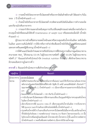 30 แนวทางเวชปฏิบัติสVำหรับโรคเบาหวาน พ.ศ. 2557 
❍ การลดนĞ้ำหนักโดยอาหารคาร์โบไฮเดรตตĞ่ำหรืออาหารไขมันตĞ่ำพลังงานตĞ่ำ ได้ผลเท่าๆ กันใน 
ระยะ 1 ปี (นĞ้ำหนักคĞำแนะนĞำ ++) 
❍ ถ้าลดนĞ้ำหนักด้วยอาหารคาร์โบไฮเดรตตĞ่ำ ควรติดตามระดับไขมันในเลือด การทĞำงานของไต 
และปริมาณโปรตีนจากอาหาร 
❍ การออกกำĞลังกายและกลไกสนับสนุนการปรับเปลี่ยนพฤติกรรมอย่างต่อเนื่อง จะช่วยในการ 
ควบคุมนĞ้ำหนักที่ลดลงแล้วให้คงที่ (maintenance of weight loss) หรือลดลงต่อเนื่องได้ (นĞ้ำหนัก 
คĞำแนะนĞำ +) 
ผู้ป่วยเบาหวานอ้วนที่ไม่สามารถลดนำ้Ğหนักและ/หรือควบคุมระดับน้Ğำตาลในเลือด ระดับไขมัน 
d r a f t 
ในเลือด และความดันโลหิตได้ การใช้ยาหรือการทĞำผ่าตัดเพื่อลดนĞ้ำหนักให้อยู่ในดุลพินิจของแพทย์ 
เฉพาะทางหรือแพทย์ผู้เชี่ยวชาญ (นĞ้ำหนักคĞำแนะนĞำ +) 
การให้คĞำแนะนĞำโดยนักกĞำหนดอาหารหรือนักโภชนาการที่มีประสบการณ์ในการดูแลโรคเบาหวาน 
สามารถลด HbA1c ได้ประมาณ 0.3-1% ในผู้ป่วยเบาหวานชนิดที่ 1 และ 0.5-2% ในผู้ป่วยเบาหวาน 
ชนิดที่ 21,2 ข้อแนะนĞำสĞำหรับโภชนบĞำบัด (medical nutrition therapy) เพื่อรักษาโรคเบาหวาน 
มีรายละเอียดปรากฏในตารางที่ 1 
ตารางที่ 1. ข้อแนะนĞำด้านโภชนาการเพื่อรักษาโรคเบาหวาน2,3,5,6 
กลุ่มผู้ป่วย ข้อแนะนĞำ 
ผู้ป่วยเบาหวาน 
โดยรวม 
อาหารคาร์โบไฮเดรต 
• ไม่มีข้อกĞำหนดของปริมาณคาร์โบไฮเดรตในอาหารที่แน่นอน2 แนะนĞำให้บริโภคประมาณร้อยละ 50 ของ 
พลังงานรวมในแต่ละวันโดยให้มีส่วนที่ได้จากผัก ธัญพืช ถั่ว ผลไม้ และนมจืดไขมันตĞ่ำ เป็นประจĞำ3,5,6 
(คุณภาพหลักฐานระดับ 2, น้ĞำหนักคĞำแนะนำĞ ++) เนื่องจากมีใยอาหารและสารอาหารอื่นในปริมาณ 
มาก 
• ไม่แนะนĞำอาหารคาร์โบไฮเดรตตĞ่ำ < 130 กรัม/วัน (นĞ้ำหนักคĞำแนะนĞำ -) 
• การนับปริมาณคาร์โบไฮเดรตและการใช้อาหารแลกเปลี่ยน เป็นกุญแจสĞำคัญในการควบคุมระดับนĞ้ำตาล 
ในเลือด (นĞ้ำหนักคĞำแนะนĞำ ++) 
• เลือกบริโภคอาหารที่มี glycemic index ตĞ่ำ เพื่อควบคุมระดับนĞ้ำตาลในเลือด การบริโภคอาหาร 
ให้มี glycemic load ตĞ่ำร่วมด้วยอาจได้ประโยชน์เพิ่มขึ้น (นĞ้ำหนักคĞำแนะนĞำ +) 
• ปรุงรสด้วยนĞ้ำตาลได้บ้าง ถ้าแลกเปลี่ยนกับอาหารคาร์โบไฮเดรตอื่นในมื้ออาหารนั้น แต่ปริมาณนĞ้ำตาล 
ทั้งวันต้องไม่เกินร้อยละ 5 ของพลังงานรวม6 (ประมาณ 3-6 ช้อนชา) โดยกระจายออกใน 2-3 มื้อ 
ไม่นับรวมนĞ้ำตาลที่แฝงอยู่ในผลไม้และผัก นĞ้ำตาลหมายถึง นĞ้ำตาลทราย นĞ้ำผึ้ง และนĞ้ำหวานชนิดต่างๆ 
(นĞ้ำหนักคĞำแนะนĞำ +) งดเครื่องดื่มรสหวานชนิดต่างๆ เนื่องจากมีปริมาณนĞ้ำตาลสูง 
 