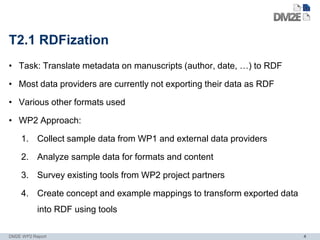 T2.1 RDFization
• Task: Translate metadata on manuscripts (author, date, …) to RDF

• Most data providers are currently not exporting their data as RDF

• Various other formats used

• WP2 Approach:

    1. Collect sample data from WP1 and external data providers

    2. Analyze sample data for formats and content

    3. Survey existing tools from WP2 project partners

    4. Create concept and example mappings to transform exported data
           into RDF using tools

DM2E WP2 Report                                                         4
 