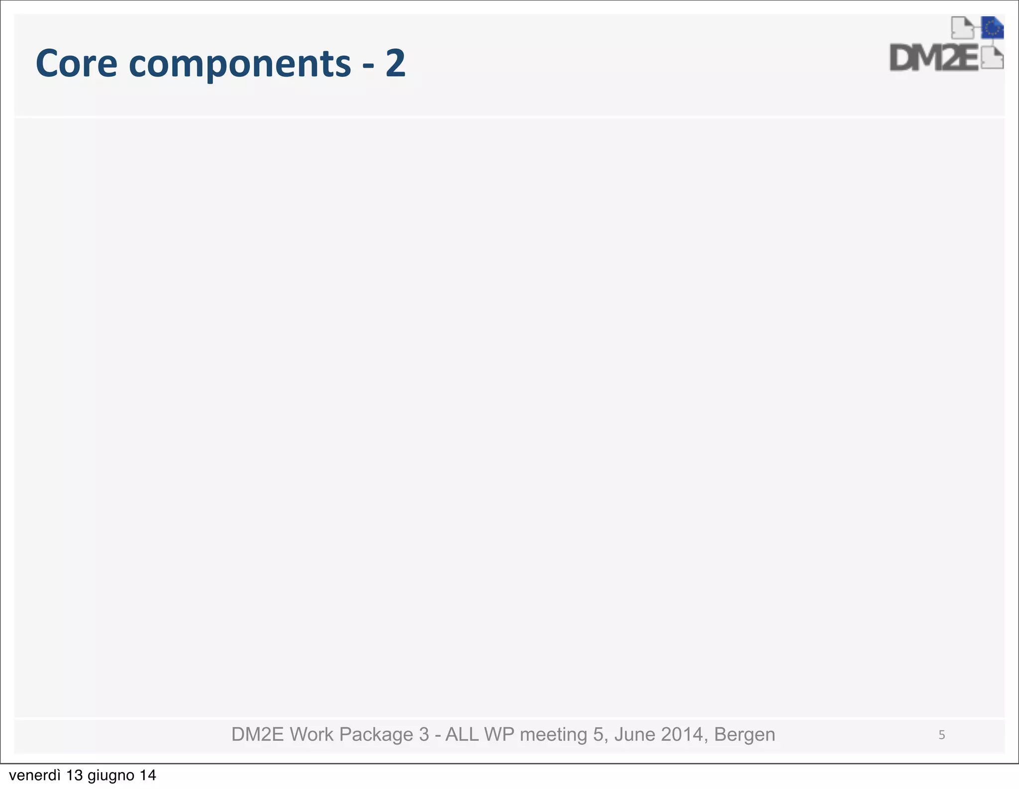 DM2E Work Package 3 - ALL WP meeting 5, June 2014, Bergen
Core	
  components	
  -­‐	
  2
5
venerdì 13 giugno 14
 