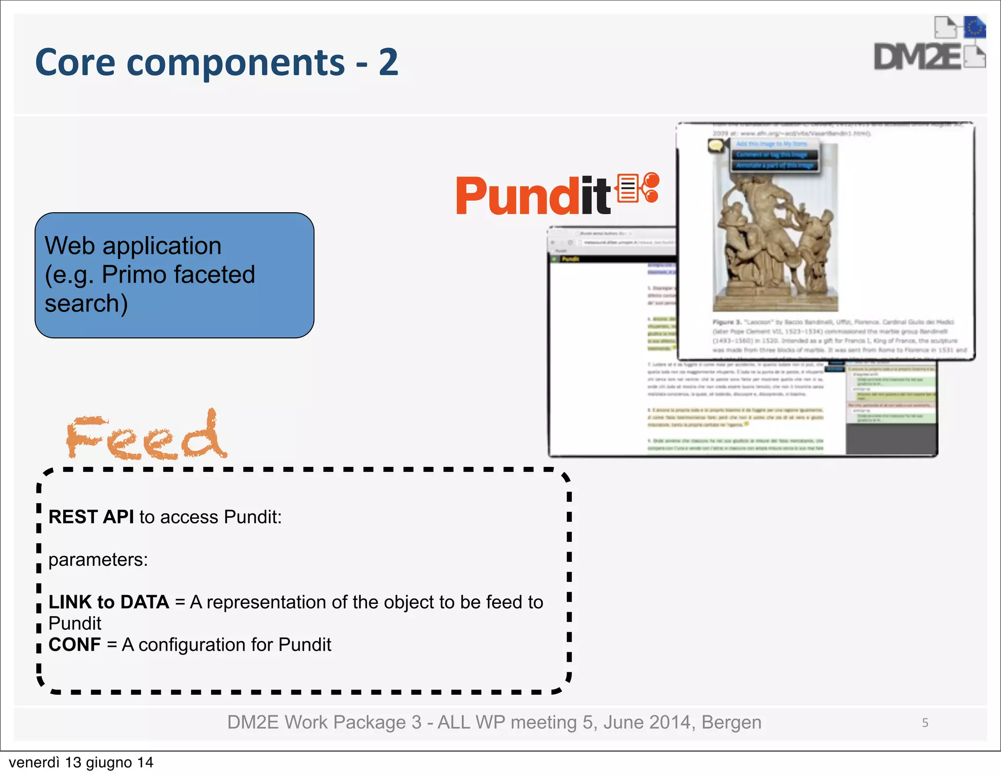 DM2E Work Package 3 - ALL WP meeting 5, June 2014, Bergen
Core	
  components	
  -­‐	
  2
5
Web application
(e.g. Primo faceted
search)
Feed
REST API to access Pundit:
parameters:
LINK to DATA = A representation of the object to be feed to
Pundit
CONF = A configuration for Pundit
venerdì 13 giugno 14
 