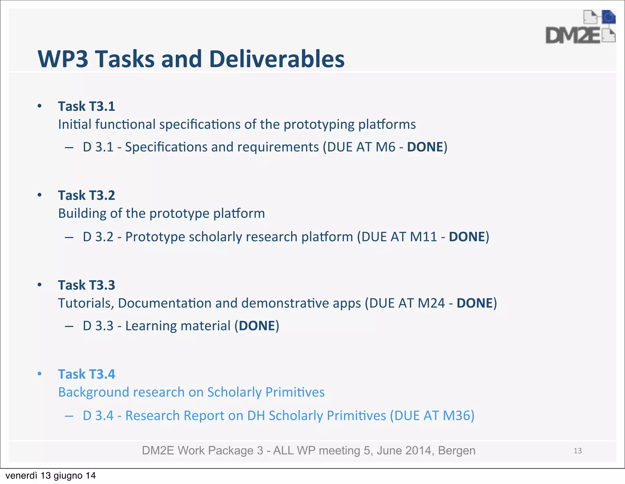 DM2E Work Package 3 - ALL WP meeting 5, June 2014, Bergen
WP3	
  Tasks	
  and	
  Deliverables
• Task	
  T3.1	
  
Ini5al	
  func5onal	
  speciﬁca5ons	
  of	
  the	
  prototyping	
  pla:orms
– D	
  3.1	
  -­‐	
  Speciﬁca5ons	
  and	
  requirements	
  (DUE	
  AT	
  M6	
  -­‐	
  DONE)
• Task	
  T3.2	
  
Building	
  of	
  the	
  prototype	
  pla:orm
– D	
  3.2	
  -­‐	
  Prototype	
  scholarly	
  research	
  pla:orm	
  (DUE	
  AT	
  M11	
  -­‐	
  DONE)
• Task	
  T3.3	
  
Tutorials,	
  Documenta5on	
  and	
  demonstra5ve	
  apps	
  (DUE	
  AT	
  M24	
  -­‐	
  DONE)
– D	
  3.3	
  -­‐	
  Learning	
  material	
  (DONE)
• Task	
  T3.4	
  
Background	
  research	
  on	
  Scholarly	
  Primi5ves
– D	
  3.4	
  -­‐	
  Research	
  Report	
  on	
  DH	
  Scholarly	
  Primi5ves	
  (DUE	
  AT	
  M36)
13
venerdì 13 giugno 14
 