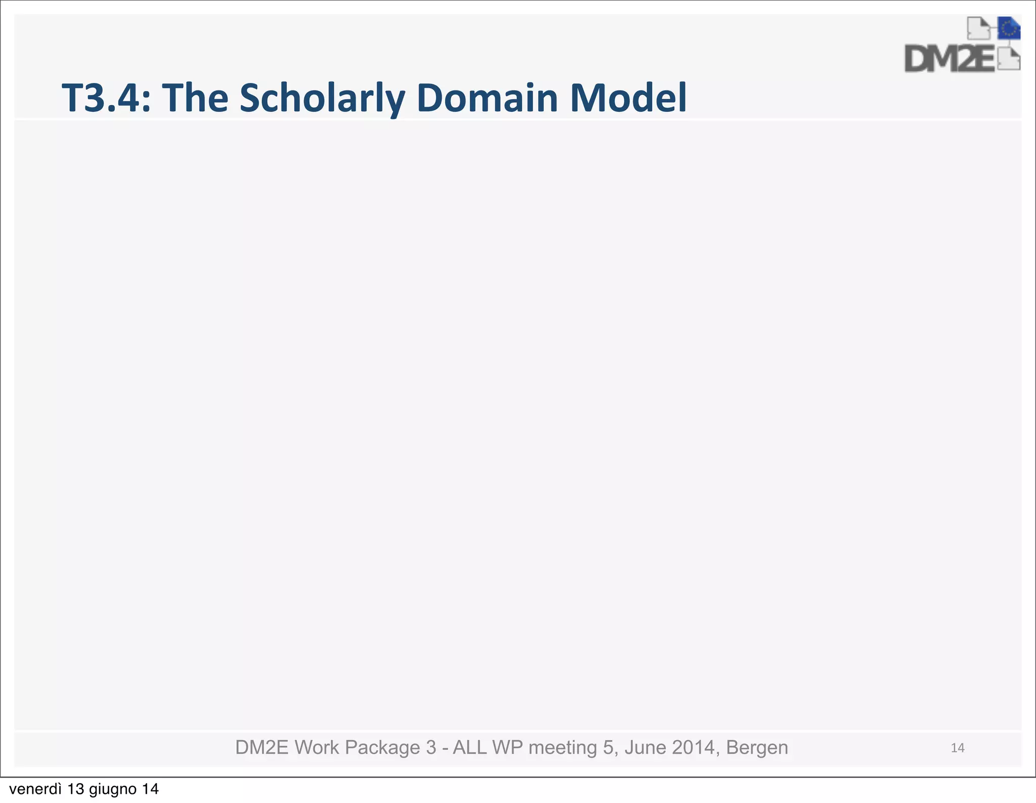 DM2E Work Package 3 - ALL WP meeting 5, June 2014, Bergen
T3.4:	
  The	
  Scholarly	
  Domain	
  Model
14
venerdì 13 giugno 14
 