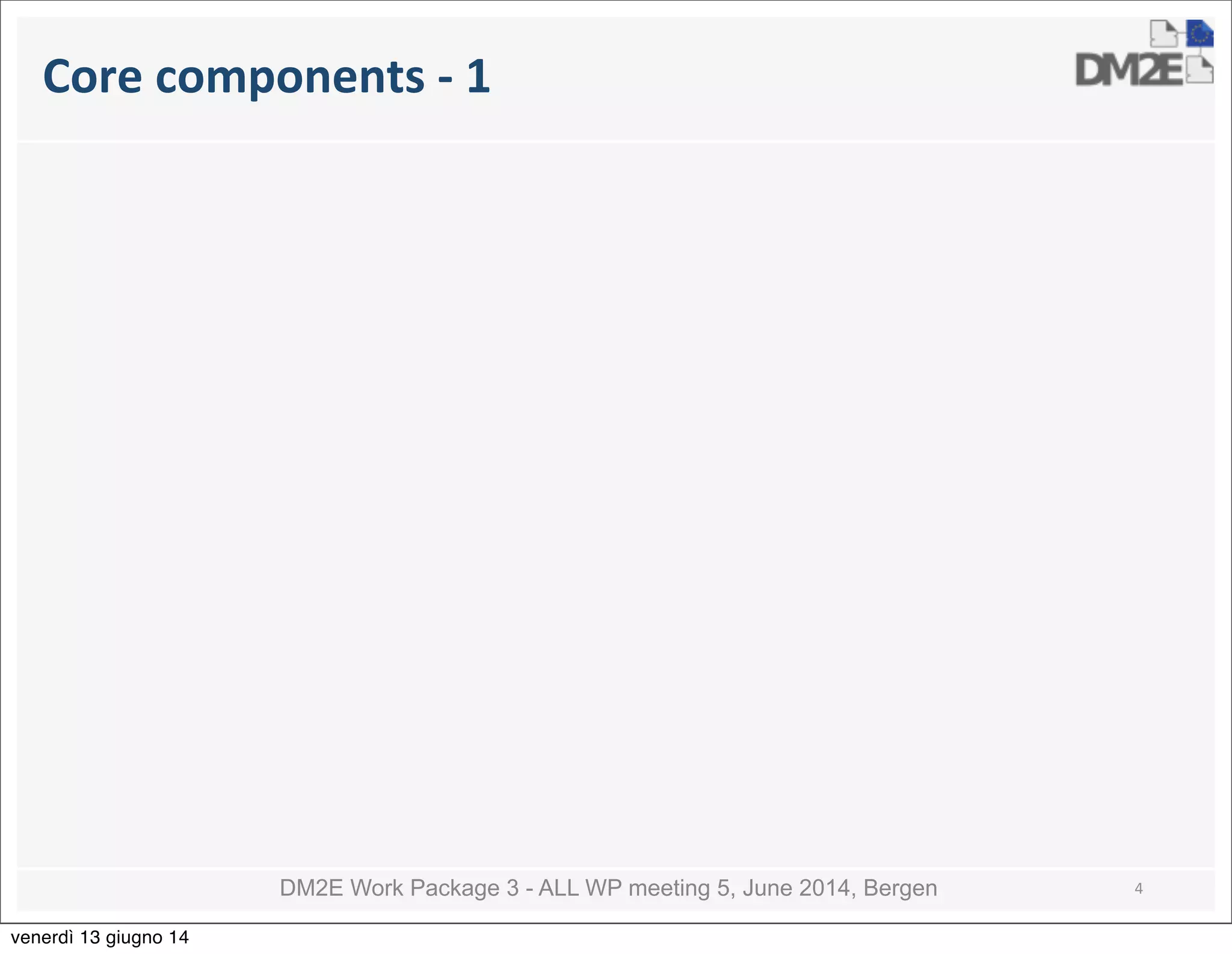 DM2E Work Package 3 - ALL WP meeting 5, June 2014, Bergen
Core	
  components	
  -­‐	
  1
4
venerdì 13 giugno 14
 