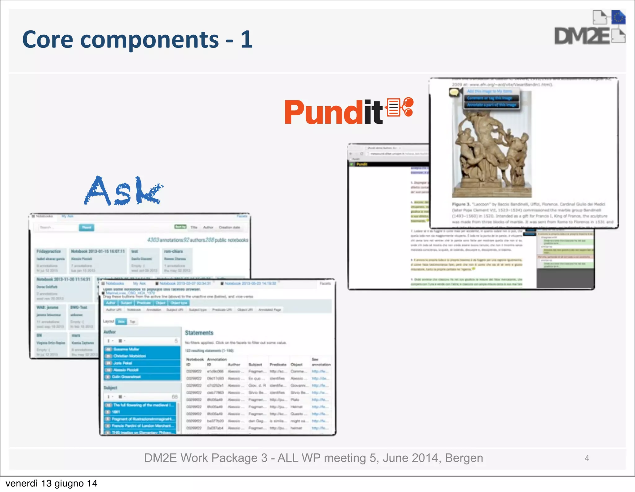 DM2E Work Package 3 - ALL WP meeting 5, June 2014, Bergen
Core	
  components	
  -­‐	
  1
4
Ask
venerdì 13 giugno 14
 