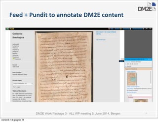 DM2E Work Package 3 - ALL WP meeting 5, June 2014, Bergen
Feed	
  +	
  Pundit	
  to	
  annotate	
  DM2E	
  content
7
venerdì 13 giugno 14
 