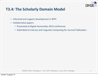 DM2E Work Package 3 - ALL WP meeting 5, June 2014, Bergen
T3.4:	
  The	
  Scholarly	
  Domain	
  Model
– Informed	
  and	
  support	
  development	
  in	
  WP3
– Collabora5ve	
  papers:
• Presented	
  at	
  Digital	
  Humani5es	
  2013	
  conference
• Submi_ed	
  to	
  Literary	
  and	
  Linguis5c	
  Compu5ng	
  for	
  Journal	
  Publica5on
14
venerdì 13 giugno 14
 