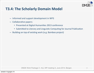 DM2E Work Package 3 - ALL WP meeting 5, June 2014, Bergen
T3.4:	
  The	
  Scholarly	
  Domain	
  Model
– Informed	
  and	
  support	
  development	
  in	
  WP3
– Collabora5ve	
  papers:
• Presented	
  at	
  Digital	
  Humani5es	
  2013	
  conference
• Submi_ed	
  to	
  Literary	
  and	
  Linguis5c	
  Compu5ng	
  for	
  Journal	
  Publica5on
– Building	
  on	
  top	
  of	
  exis5ng	
  work	
  (e.g.	
  Bamboo	
  project)	
  
14
venerdì 13 giugno 14
 