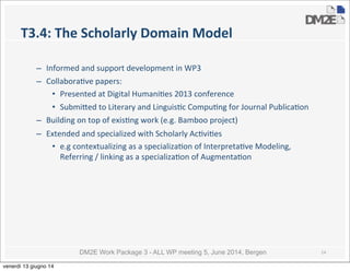 DM2E Work Package 3 - ALL WP meeting 5, June 2014, Bergen
T3.4:	
  The	
  Scholarly	
  Domain	
  Model
– Informed	
  and	
  support	
  development	
  in	
  WP3
– Collabora5ve	
  papers:
• Presented	
  at	
  Digital	
  Humani5es	
  2013	
  conference
• Submi_ed	
  to	
  Literary	
  and	
  Linguis5c	
  Compu5ng	
  for	
  Journal	
  Publica5on
– Building	
  on	
  top	
  of	
  exis5ng	
  work	
  (e.g.	
  Bamboo	
  project)	
  
– Extended	
  and	
  specialized	
  with	
  Scholarly	
  Ac5vi5es	
  
• e.g	
  contextualizing	
  as	
  a	
  specializa5on	
  of	
  Interpreta5ve	
  Modeling,	
  
Referring	
  /	
  linking	
  as	
  a	
  specializa5on	
  of	
  Augmenta5on	
  
14
venerdì 13 giugno 14
 
