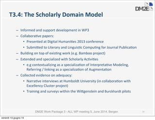 DM2E Work Package 3 - ALL WP meeting 5, June 2014, Bergen
T3.4:	
  The	
  Scholarly	
  Domain	
  Model
– Informed	
  and	
  support	
  development	
  in	
  WP3
– Collabora5ve	
  papers:
• Presented	
  at	
  Digital	
  Humani5es	
  2013	
  conference
• Submi_ed	
  to	
  Literary	
  and	
  Linguis5c	
  Compu5ng	
  for	
  Journal	
  Publica5on
– Building	
  on	
  top	
  of	
  exis5ng	
  work	
  (e.g.	
  Bamboo	
  project)	
  
– Extended	
  and	
  specialized	
  with	
  Scholarly	
  Ac5vi5es	
  
• e.g	
  contextualizing	
  as	
  a	
  specializa5on	
  of	
  Interpreta5ve	
  Modeling,	
  
Referring	
  /	
  linking	
  as	
  a	
  specializa5on	
  of	
  Augmenta5on	
  
– Collected	
  evidence	
  on	
  adequacy:
• Narra5ve	
  interviews	
  at	
  Humboldt	
  University	
  (in	
  collabora5on	
  with	
  
Excellency	
  Cluster	
  project)
• Training	
  and	
  surveys	
  within	
  the	
  Wi_genstein	
  and	
  Burckhardt	
  pilots
14
venerdì 13 giugno 14
 