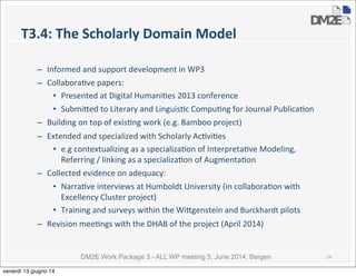 DM2E Work Package 3 - ALL WP meeting 5, June 2014, Bergen
T3.4:	
  The	
  Scholarly	
  Domain	
  Model
– Informed	
  and	
  support	
  development	
  in	
  WP3
– Collabora5ve	
  papers:
• Presented	
  at	
  Digital	
  Humani5es	
  2013	
  conference
• Submi_ed	
  to	
  Literary	
  and	
  Linguis5c	
  Compu5ng	
  for	
  Journal	
  Publica5on
– Building	
  on	
  top	
  of	
  exis5ng	
  work	
  (e.g.	
  Bamboo	
  project)	
  
– Extended	
  and	
  specialized	
  with	
  Scholarly	
  Ac5vi5es	
  
• e.g	
  contextualizing	
  as	
  a	
  specializa5on	
  of	
  Interpreta5ve	
  Modeling,	
  
Referring	
  /	
  linking	
  as	
  a	
  specializa5on	
  of	
  Augmenta5on	
  
– Collected	
  evidence	
  on	
  adequacy:
• Narra5ve	
  interviews	
  at	
  Humboldt	
  University	
  (in	
  collabora5on	
  with	
  
Excellency	
  Cluster	
  project)
• Training	
  and	
  surveys	
  within	
  the	
  Wi_genstein	
  and	
  Burckhardt	
  pilots
– Revision	
  mee5ngs	
  with	
  the	
  DHAB	
  of	
  the	
  project	
  (April	
  2014)
14
venerdì 13 giugno 14
 