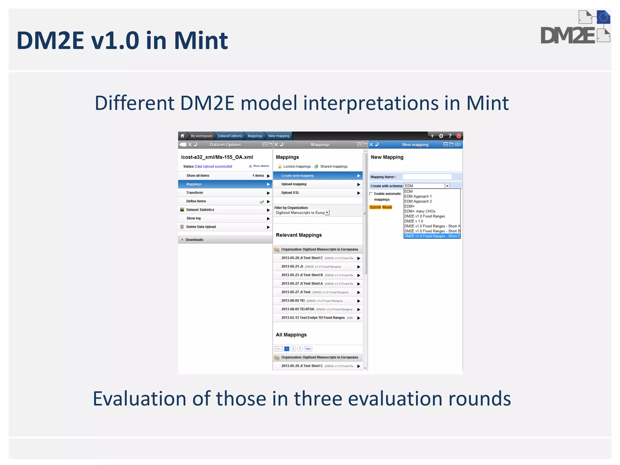 DM2E v1.0 in Mint
Different DM2E model interpretations in Mint
Evaluation of those in three evaluation rounds
 