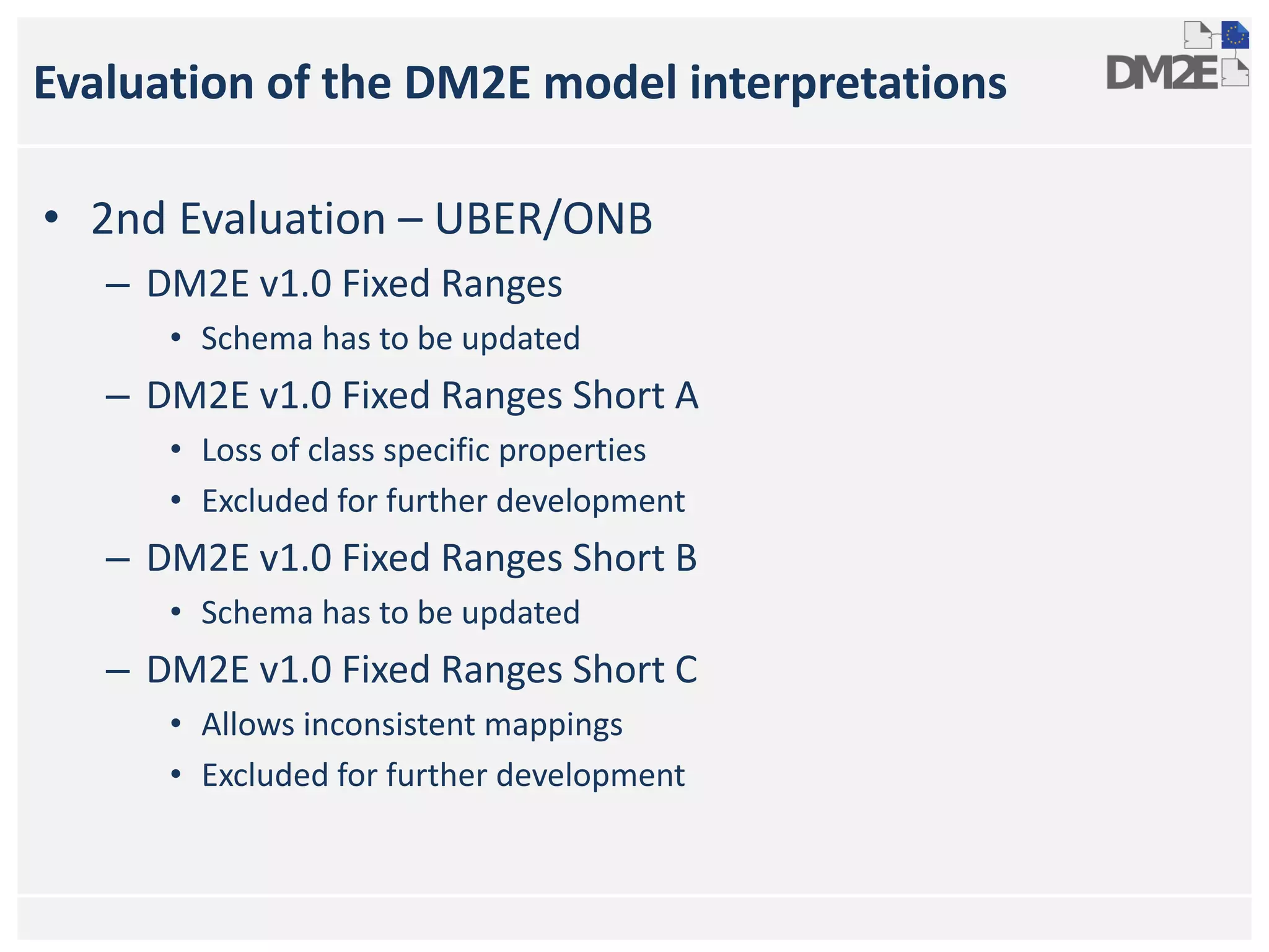 Evaluation of the DM2E model interpretations
• 2nd Evaluation – UBER/ONB
– DM2E v1.0 Fixed Ranges
• Schema has to be updated
– DM2E v1.0 Fixed Ranges Short A
• Loss of class specific properties
• Excluded for further development
– DM2E v1.0 Fixed Ranges Short B
• Schema has to be updated
– DM2E v1.0 Fixed Ranges Short C
• Allows inconsistent mappings
• Excluded for further development
 