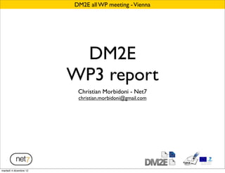 DM2E all WP meeting - Vienna




                         DM2E
                        WP3 report
                         Christian Morbidoni - Net7
                         christian.morbidoni@gmail.com




martedì 4 dicembre 12
 