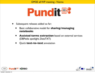 DM2E all WP meeting - Vienna




                        •   Subsequent releases added so far:
                            •   Basic collaborative model for sharing/managing
                                notebooks
                            •   Assisted terms extraction based on external services
                                (DBPedia spotlight, DataTXT)
                            •   Quick text-to-text annotation




martedì 4 dicembre 12
 