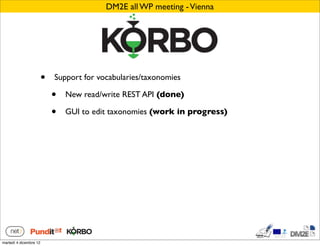 DM2E all WP meeting - Vienna




                        •   Support for vocabularies/taxonomies

                            •   New read/write REST API (done)

                            •   GUI to edit taxonomies (work in progress)




martedì 4 dicembre 12
 