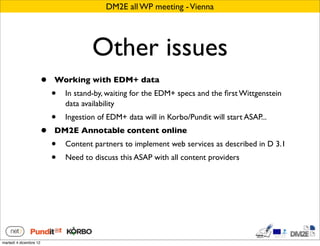 DM2E all WP meeting - Vienna




                                        Other issues
                        •   Working with EDM+ data
                            •   In stand-by, waiting for the EDM+ specs and the ﬁrst Wittgenstein
                                data availability
                            •   Ingestion of EDM+ data will in Korbo/Pundit will start ASAP...
                        •   DM2E Annotable content online
                            •   Content partners to implement web services as described in D 3.1
                            •   Need to discuss this ASAP with all content providers




martedì 4 dicembre 12
 