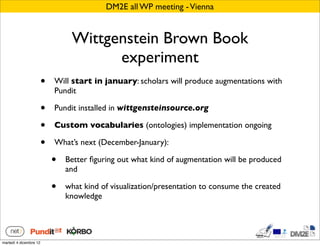 DM2E all WP meeting - Vienna


                                 Wittgenstein Brown Book
                                       experiment
                        •   Will start in january: scholars will produce augmentations with
                            Pundit

                        •   Pundit installed in wittgensteinsource.org

                        •   Custom vocabularies (ontologies) implementation ongoing

                        •   What’s next (December-January):

                            •   Better ﬁguring out what kind of augmentation will be produced
                                and

                            •   what kind of visualization/presentation to consume the created
                                knowledge




martedì 4 dicembre 12
 