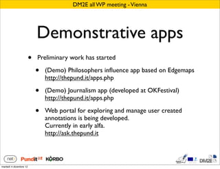 DM2E all WP meeting - Vienna




                            Demonstrative apps
                        •   Preliminary work has started

                            •   (Demo) Philosophers inﬂuence app based on Edgemaps
                                http://thepund.it/apps.php

                            •   (Demo) Journalism app (developed at OKFestival)
                                http://thepund.it/apps.php

                            •   Web portal for exploring and manage user created
                                annotations is being developed.
                                Currently in early alfa.
                                http://ask.thepund.it



martedì 4 dicembre 12
 