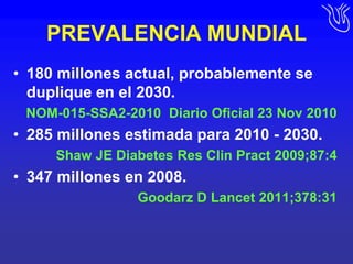 PREVALENCIA MUNDIAL180 millones actual, probablemente se duplique en el 2030.NOM-015-SSA2-2010  Diario Oficial 23 Nov 2010285 millones estimada para 2010 - 2030.Shaw JE Diabetes Res ClinPract 2009;87:4347 millones en 2008.Goodarz D Lancet 2011;378:31