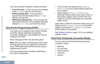 Your radio provides indications of states as follows:
• First-Time Alert – A tone sounds and the display
shows In Range after the channel alias.
• ARTS-in-Range Alert – A tone sounds, if
programmed, and the display shows In Range
after the channel alias.
• ARTS-Out-of-Range Alert – A tone sounds, the
LED rapidly blinks red, and the display alternates
between Out of Range and the home screen.
Over-the-Air-Programming (OTAP)
Your radio can be updated by your dealer remotely,
via OTAP, without needing to be physically
connected. Additionally, some settings can also be
configured via OTAP.
While undergoing OTAP, the LED blinks green.
Note: When the radio is receiving high volume data,
the High Volume Data icon appears and channel is
busy. A PTT button press at this time may cause a
negative tone to sound.
Once the programming is complete, depending on
your radio’s configuration:
• A tone sounds, the display shows Updating
Restarting, and your radio restarts (powers off
and on again).
• Select between Restart Now or Postpone.
Selecting Postpone allows your radio to return to
the previous display, with an OTAP Timer icon
visible, for a period of time before the automatic
restart occurs.
Upon power up after the automatic restart occurs, the
display shows Sw Update Completed if the OTAP
update is successful or Sw Update Failed if the
OTAP update is unsuccessful.
See Software Update on page 127 for your updated
software version.
Third Party Peripherals Connection Modes
You can select one of the third party peripherals
connection modes:
• Motorola
• PC and Audio
• Data Accessory
• Telemetry
• Generic
AdvancedFeaturesinNon-ConnectPlusMode
106
English
 
