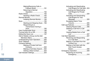Making/Receiving Calls in
Fallback Mode...................191
Returning to Normal
Operation.......................... 192
Radio Check..................................... 192
Sending a Radio Check......... 192
Remote Monitor................................ 193
Initiating Remote Monitor....... 194
Scan..................................................195
Starting and Stopping Scan... 195
Responding to a
Transmission During a
Scan..................................195
User Configurable Scan....................196
Turning Scan On or Off.....................196
Editing the Scan List......................... 197
Add or Delete a Group via the Add
Members Menu............................198
Understanding Scan Operation.........200
Scan Talkback.................................. 200
Contacts Settings..............................201
Making a Private Call from
Contacts............................202
Making a Call Alias Search.... 202
Adding a New Contact........... 203
Call Indicator Settings.......................203
Activating and Deactivating
Call Ringers for Call Alert .203
Activating and Deactivating
Call Ringers for Private
Calls.................................. 204
Activating and Deactivating
Call Ringers for Text
Message........................... 205
Escalating Alarm Tone
Volume..............................205
Call Log Features..............................205
Viewing Recent Calls............. 206
Deleting a Call from a Call
List.................................... 206
Viewing Details from a Call
List.................................... 207
Call Alert Operation...........................207
Receiving and Responding
to a Call Alert.................... 207
Making a Call Alert from the
Contact List....................... 207
Making a Call Alert with the
One Touch Access
Button................................208
Emergency Operation.......................209
Receiving an Incoming
Emergency........................210
Contents
10
English
 