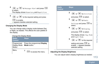 4
or to Message Alert and press
to select.
The display shows Momentary and Repetitive.
5
or to the required setting and press
to enable.
appears besides selected setting.
Changing the Display Mode
You can change radio’s display mode between Day
or Night, as needed. This affects the color palette of
the display.
Change the Display Mode:
Radio
Control
Steps
Programmed
Display Mode
Button
Press the programmed Display
Mode button.
Menu 1
to access the menu.
Radio
Control
Steps
2
or to Utilities
and press to select.
3
or to Radio
Settings and press to
select.
4
or to Display
and press to select.
The display shows Day Mode
and Night Mode.
5
or to the required
setting and press to
enable. appears besides
selected setting.
Adjusting the Display Brightness
You can adjust radio’s display brightness as needed.
AdvancedFeaturesinNon-ConnectPlusMode
113
English
 