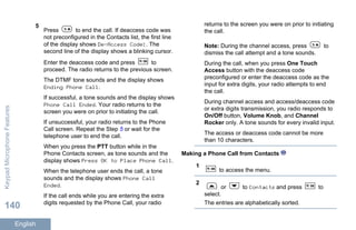 5
Press to end the call. If deaccess code was
not preconfigured in the Contacts list, the first line
of the display shows De-Access Code:. The
second line of the display shows a blinking cursor.
Enter the deaccess code and press to
proceed. The radio returns to the previous screen.
The DTMF tone sounds and the display shows
Ending Phone Call.
If successful, a tone sounds and the display shows
Phone Call Ended. Your radio returns to the
screen you were on prior to initiating the call.
If unsuccessful, your radio returns to the Phone
Call screen. Repeat the Step 5 or wait for the
telephone user to end the call.
When you press the PTT button while in the
Phone Contacts screen, as tone sounds and the
display shows Press OK to Place Phone Call.
When the telephone user ends the call, a tone
sounds and the display shows Phone Call
Ended.
If the call ends while you are entering the extra
digits requested by the Phone Call, your radio
returns to the screen you were on prior to initiating
the call.
Note: During the channel access, press to
dismiss the call attempt and a tone sounds.
During the call, when you press One Touch
Access button with the deaccess code
preconfigured or enter the deaccess code as the
input for extra digits, your radio attempts to end
the call.
During channel access and access/deaccess code
or extra digits transmission, you radio responds to
On/Off button, Volume Knob, and Channel
Rocker only. A tone sounds for every invalid input.
The access or deaccess code cannot be more
than 10 characters.
Making a Phone Call from Contacts
1
to access the menu.
2
or to Contacts and press to
select.
The entries are alphabetically sorted.
KeypadMicrophoneFeatures
140
English
 