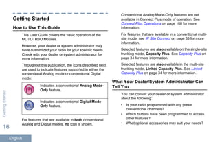 Getting Started
How to Use This Guide
This User Guide covers the basic operation of the
MOTOTRBO Mobiles.
However, your dealer or system administrator may
have customized your radio for your specific needs.
Check with your dealer or system administrator for
more information.
Throughout this publication, the icons described next
are used to indicate features supported in either the
conventional Analog mode or conventional Digital
mode:
Indicates a conventional Analog Mode-
Only feature.
Indicates a conventional Digital Mode-
Only feature.
For features that are available in both conventional
Analog and Digital modes, no icon is shown.
Conventional Analog Mode-Only features are not
available in Connect Plus mode of operation. See
Connect Plus Operations on page 168 for more
information.
For features that are available in a conventional multi-
site mode, see IP Site Connect on page 33 for more
information.
Selected features are also available on the single-site
trunking mode, Capacity Plus. See Capacity Plus on
page 34 for more information.
Selected features are also available in the multi-site
trunking mode, Linked Capacity Plus. See Linked
Capacity Plus on page 34 for more information.
What Your Dealer/System Administrator Can
Tell You
You can consult your dealer or system administrator
about the following:
• Is your radio programmed with any preset
conventional channels?
• Which buttons have been programmed to access
other features?
• What optional accessories may suit your needs?
GettingStarted
16
English
 