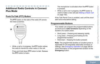 Additional Radio Controls in Connect
Plus Mode
Push-To-Talk (PTT) Button
The PTT button on the side of the radio ( ) serves
two basic purposes:
A
• While a call is in progress, the PTT button allows
the radio to transmit to other radios in the call.
Press and hold down PTT button to talk. Release
the PTT button to listen.
The microphone is activated when the PTT button
is pressed.
• While a call is not in progress, the PTT button is
used to make a new call (see Making a Radio Call
on page 182).
If the Talk Permit Tone is enabled, wait until the short
alert tone ends before talking.
Programmable Buttons
Your dealer can program the programmable buttons
as shortcuts to radio functions depending on the
duration of a button press:
• Short press – Pressing and releasing rapidly.
• Long press – Pressing and holding for the
programmed duration.
• Hold down – Keeping the button pressed.
Note: The programmed duration of a button press is
applicable for all assignable radio/utility functions or
settings. See Emergency Operation on page 209 for
more information on the programmed duration of the
Emergency button.
AdditionalRadioControlsinConnectPlusMode
169
English
 