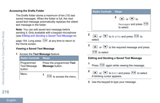 Accessing the Drafts Folder
The Drafts folder stores a maximum of ten (10) last
saved messages. When the folder is full, the next
saved text message automatically replaces the oldest
text message in the folder.
Note: You can edit saved text message before
sending it. Only available with a keypad microphone
(see Editing and Sending a Saved Text Message on
page 154. Long press at any time to return to
the Home screen.
Viewing a Saved Text Message
1 Access the Text Message feature.
Radio Controls Steps
Programmed
Text Message
button
Press the programmed Text
Message button.
Menu 1
to access the menu.
Radio Controls Steps
2
or to
Messages and press
to select.
2
or to Drafts and press to
select.
3
or to the required message and press
to select.
Editing and Sending a Saved Text Message
1
Press again while viewing the message.
2
or to Edit and press to select.
A blinking cursor appears.
3 Use the keypad to type your message.
AdvancedFeaturesinConnectPlusMode
216
English
 