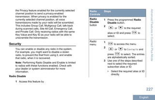 the Privacy feature enabled for the currently selected
channel position to send a privacy-enabled
transmission. When privacy is enabled for the
currently selected channel position, all voice
transmissions made by your radio will be scrambled.
This includes Group Call, Multigroup Call, talk-back
during scanned calls, Site All Call, Emergency Call,
and Private Call. Only receiving radios with the same
Key Value and Key ID as your radio will be able to
unscramble the transmission.
Security
You can enable or disable any radio in the system.
For example, you might want to disable a stolen
radio, to prevent the thief from using it, and enable
that radio, when it is recovered.
Note: Performing Radio Disable and Enable is limited
to radios with these functions enabled. Check with
your dealer or system administrator for more
information.
Radio Disable
1 Access this feature by
Radio
Controls
Steps
Radio
Disable
button
1 Press the programmed Radio
Disable button.
2
or to the required
alias or ID and press to
select.
Radio
menu
1
to access the menu.
2
or to Contacts and
press to select. The entries
are alphabetically sorted.
3 Use one of the steps described
next to select the required
subscriber alias or ID:
• Select the required alias or ID
directly.
AdvancedFeaturesinConnectPlusMode
227
English
 